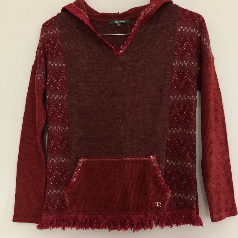Miss Me Sparkle burgundy sweater women’s small knit hoodie Neiman Marcus
